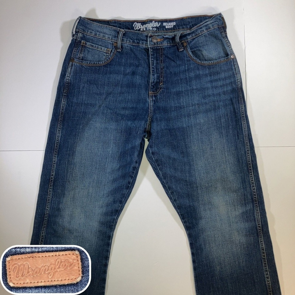 Wrangler Retro Relaxed Boot Jeans Mens 34x32 Blue Denim Western Cowboy **Flaw